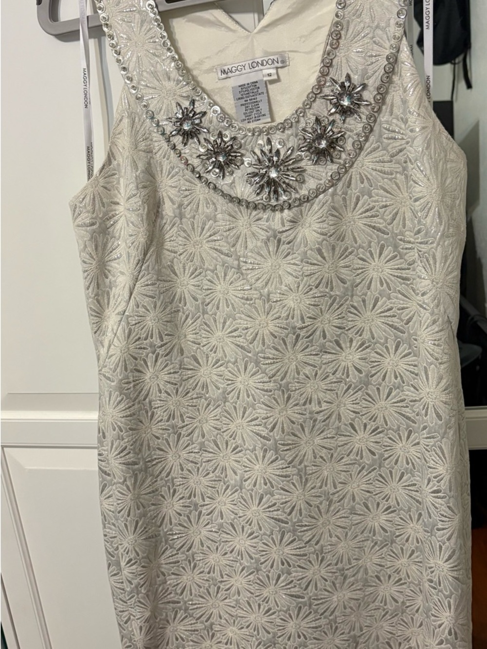 Maggy London Ivory Floral Jacquard Midi Dress with Crystal Necklace